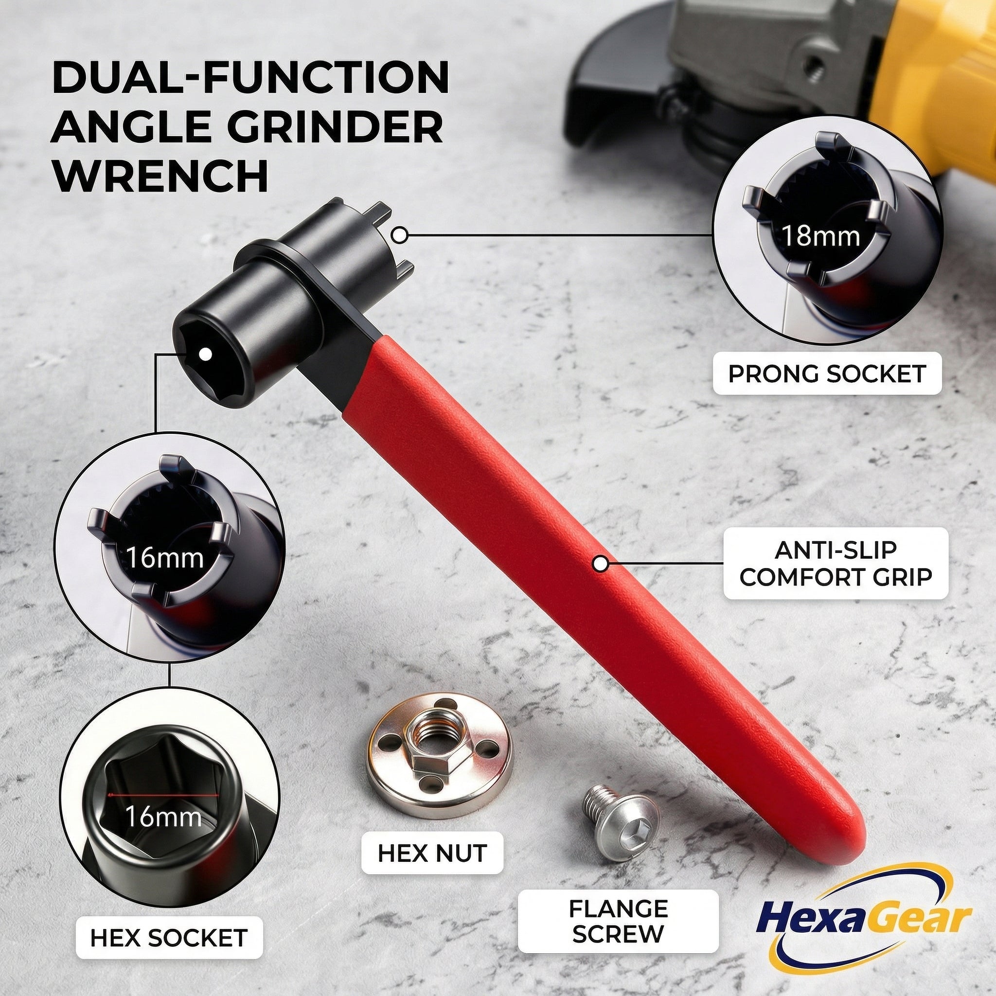 HexaGear | 2-in-1 Angle Grinder Wrench - Universal Lock Nut & Hex Socket Tool